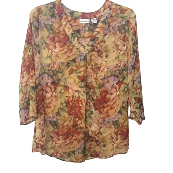 LIZ CLAIBORNE LONG SLV PULL-OVER V-NECK BLOUSE, WOMEN, XL, YELLOW ORANGE PURPLE - Picture 1 of 10